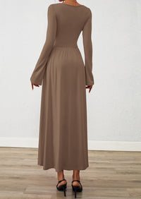 BTFBM Long Sleeve Maxi Dresses for Women Fall Casual Ruched Boat Neck Flowy Elegant Formal Wedding Guest Dress