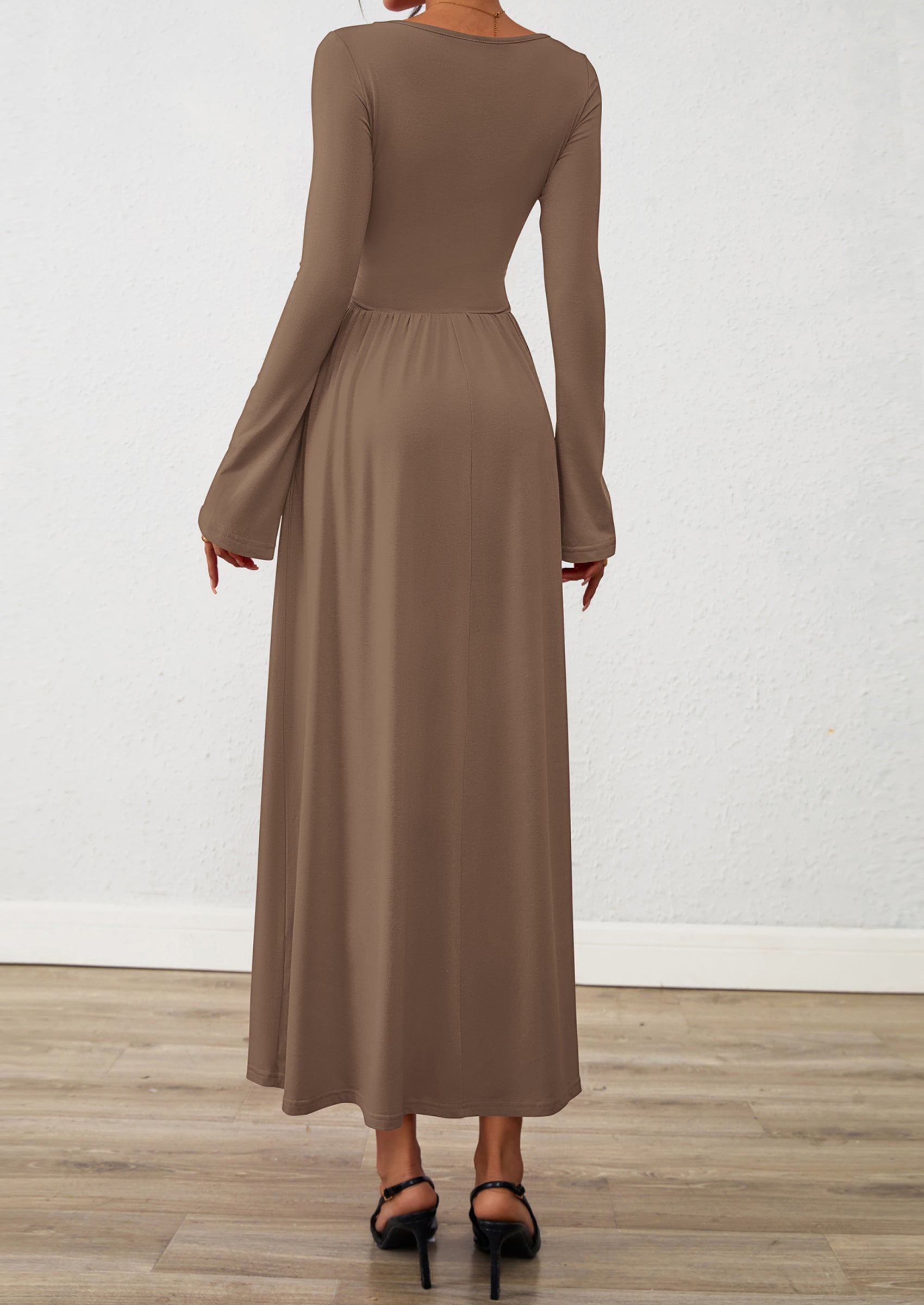 BTFBM Long Sleeve Maxi Dresses for Women Fall Casual Ruched Boat Neck Flowy Elegant Formal Wedding Guest Dress