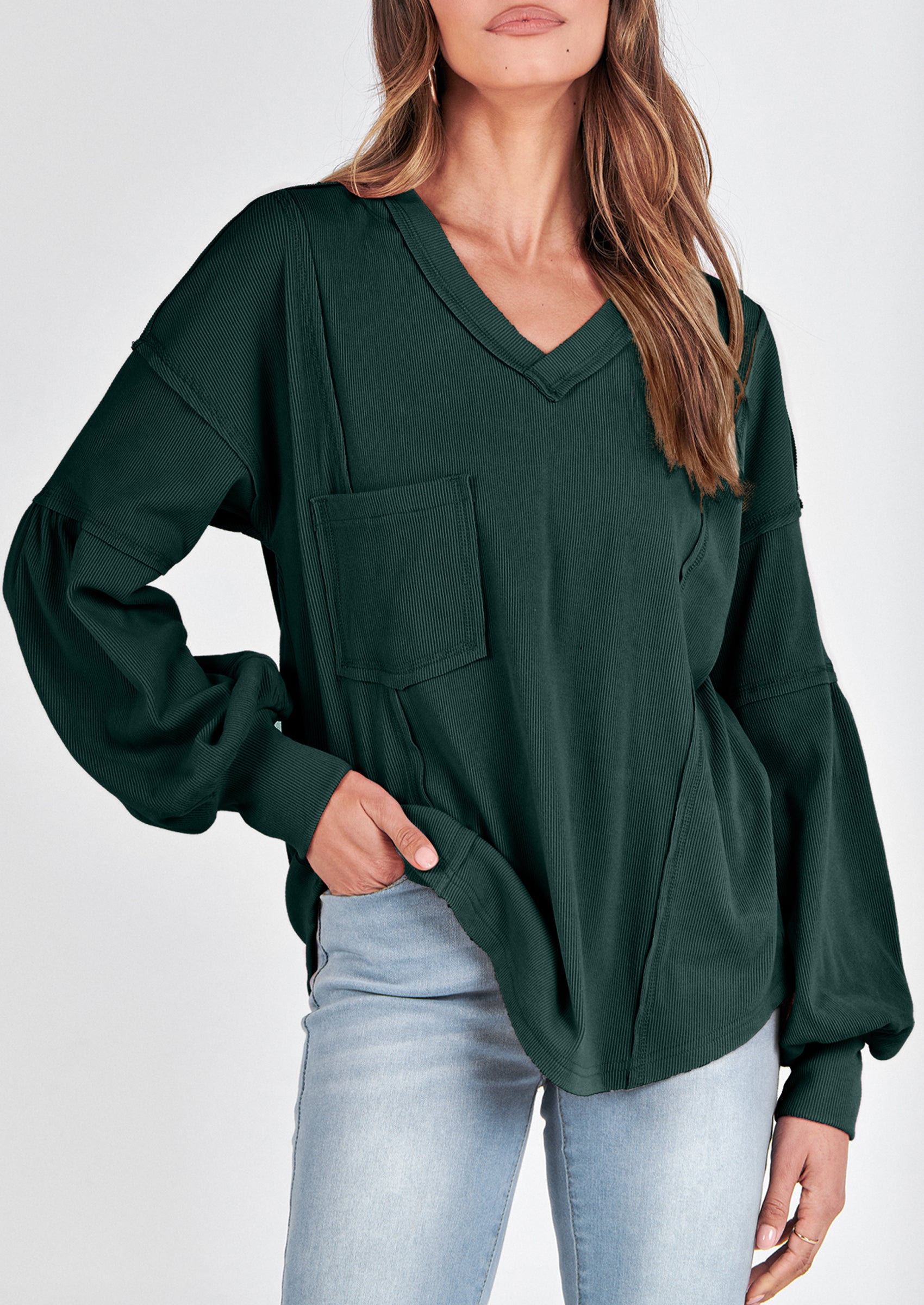 BTFBM Women's Ribbed Long Sleeve Tops Summer Spring Pullover Knit Casual V Neck Blouses Trendy Loose Fit Tunic Top