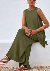 PRETTYGARDEN Women's Two Piece Matching Lounge Sets Asymmetrical Split Tank Tops Wide Leg Pants Summer Outfits Tracksuit