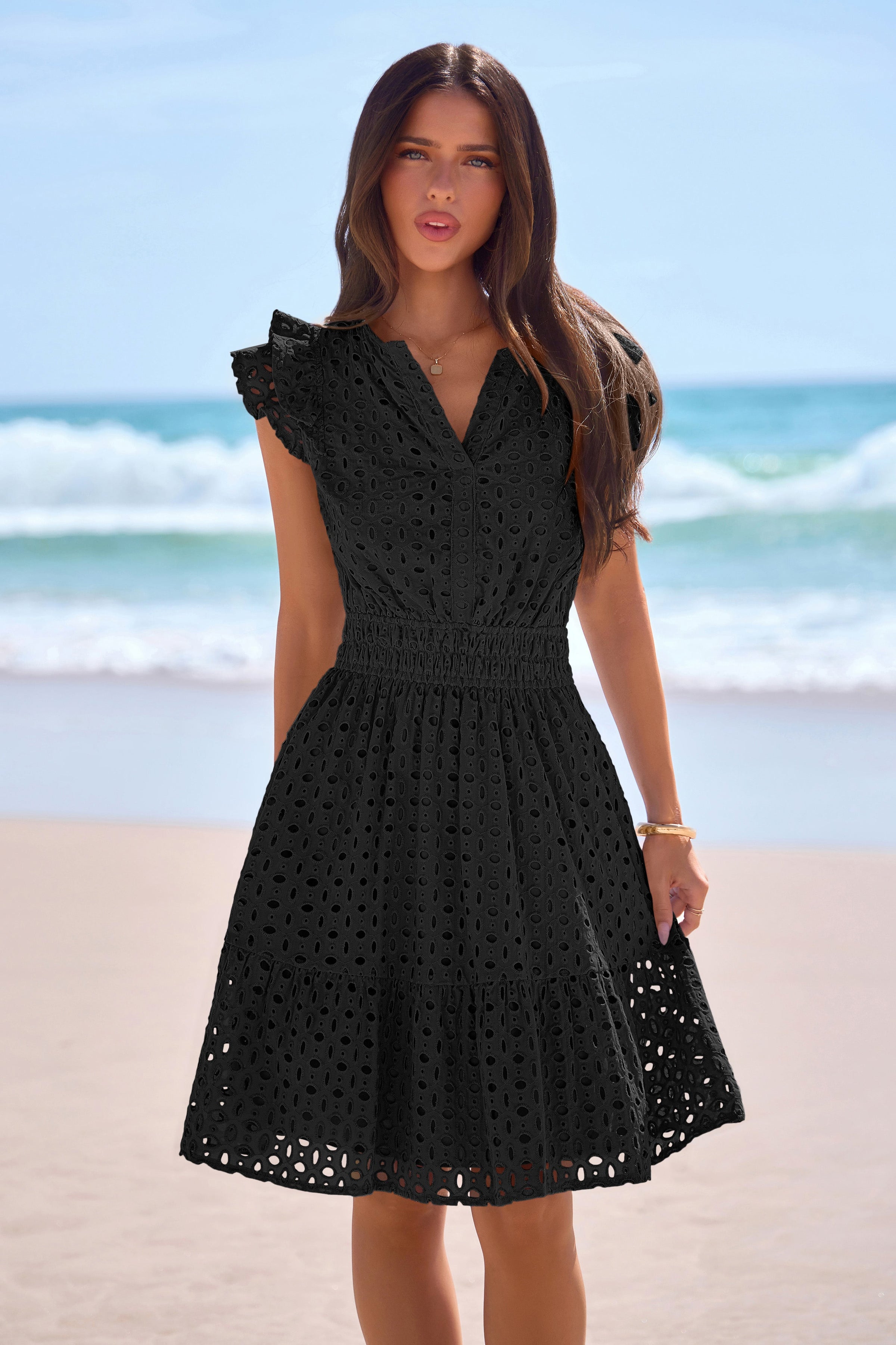 PRETTYGARDEN Women's Summer Sundresses Eyelet Cap Sleeve V Neck Short Boho Wedding Guest Dress Beach Vacation Clothes PRETTYGARDEN