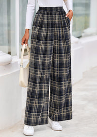 PRETTYGARDEN Casual Women's Pants Elastic Waist Palazzo Long Stretchy Wide Leg Trousers Knit Fall Outfits with Pockets