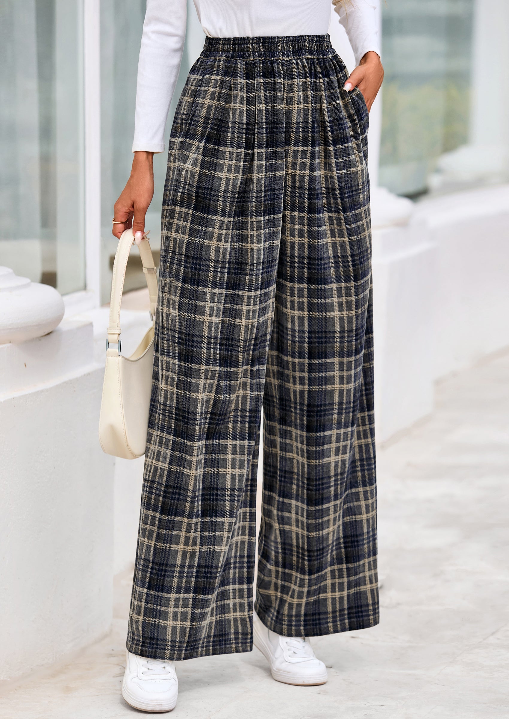 PRETTYGARDEN Casual Women's Pants Elastic Waist Palazzo Long Stretchy Wide Leg Trousers Knit Fall Outfits with Pockets