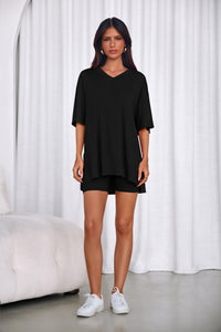 PRETTYGARDEN 2 Piece Sets for Women Summer Lounge Short Set Spring Matching Biker Shorts V Neck Oversized Shirt Clothing PRETTYGARDEN