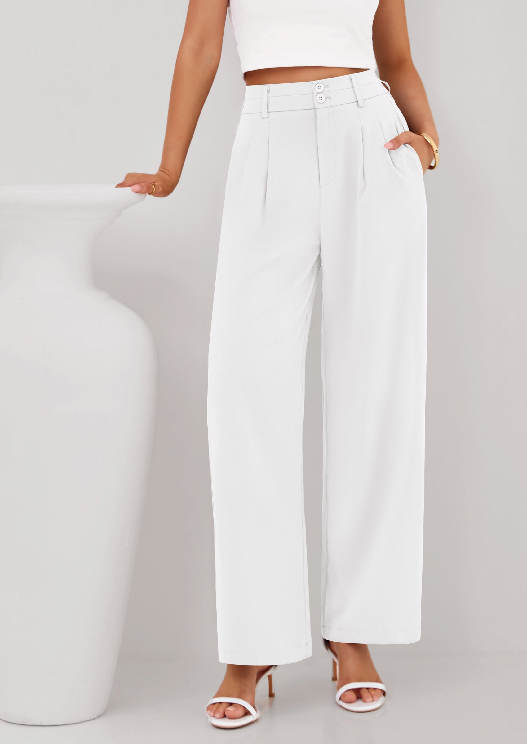 PRETTYGARDEN Womens Spring Wide Leg Palazzo Pants Trendy Loose Button High Waist Pleated Work Business Casual Trousers PRETTYGARDEN
