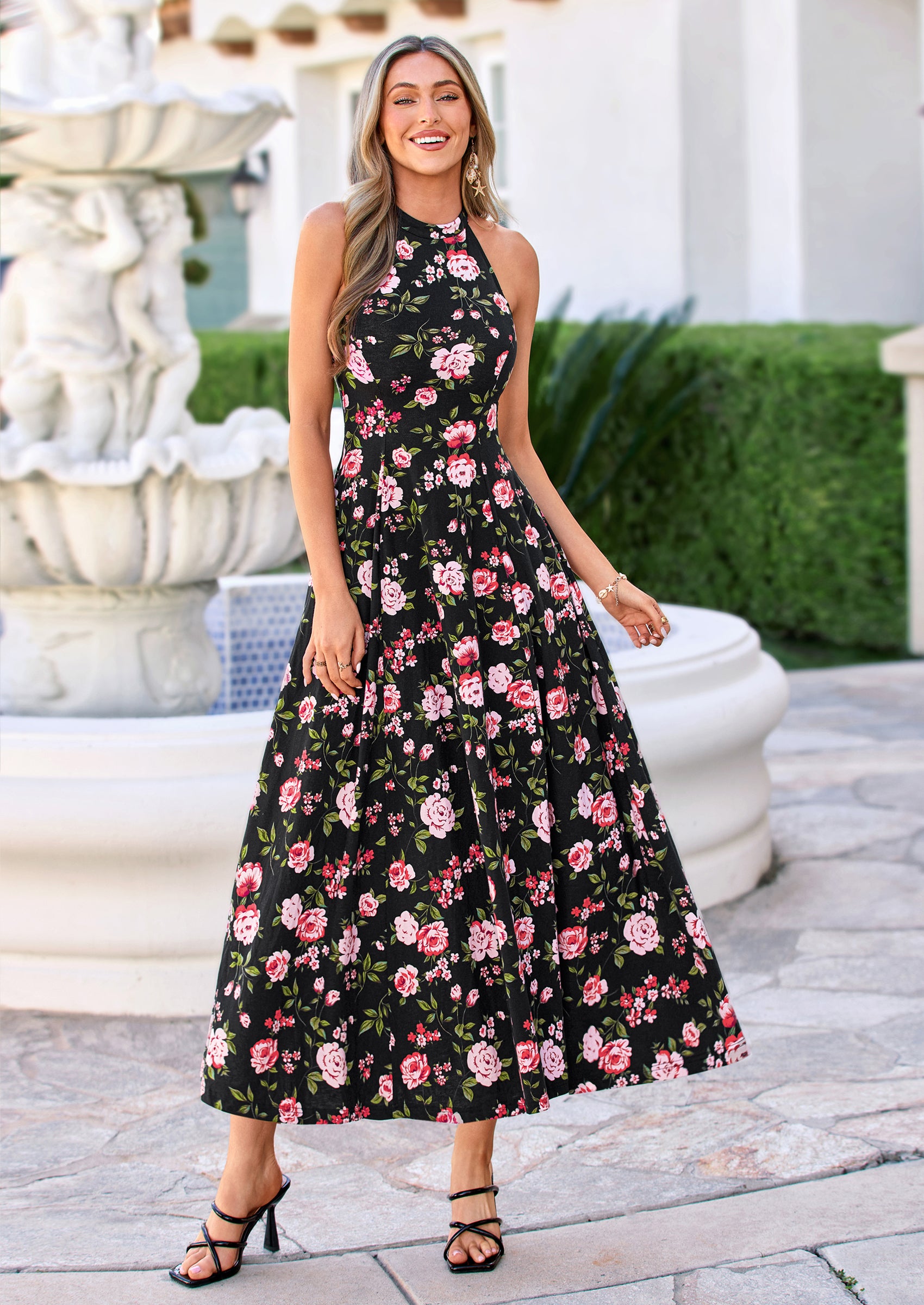 PRETTYGARDEN Summer Halter Dresses for Women Vacation Outfits Sleeveless Polka Dot Sundress Wedding Guest Maxi Dress