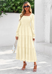 PRETTYGARDEN Fall Wedding Guest Dresses for Women Floral Long Sleeve Smocked Tiered Elegant Long Flowy Boho Dress