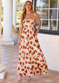 PRETTYGARDEN Womens Boho Maxi Dress Summer Floral Tube Strapless Spring Wedding Guest Cocktail Long Dresses