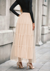 PRETTYGARDEN Maxi Skirts for Women Fall Tulle High Waisted Ruffle Flowy A-Line Long Skirt Country Concert Outfits