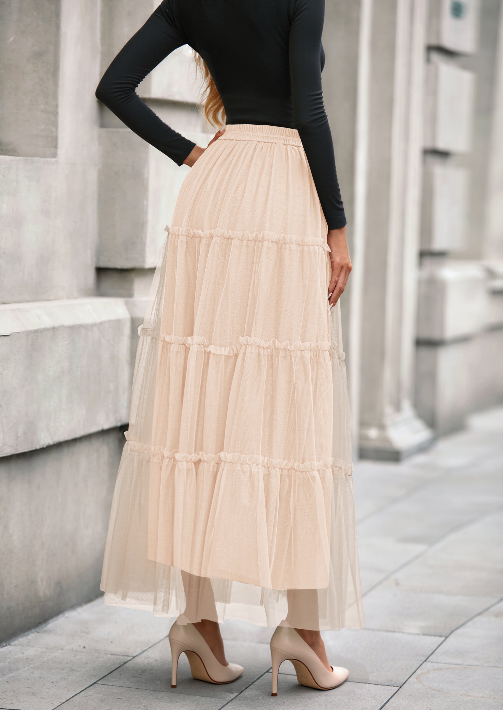 PRETTYGARDEN Maxi Skirts for Women Fall Tulle High Waisted Ruffle Flowy A-Line Long Skirt Country Concert Outfits