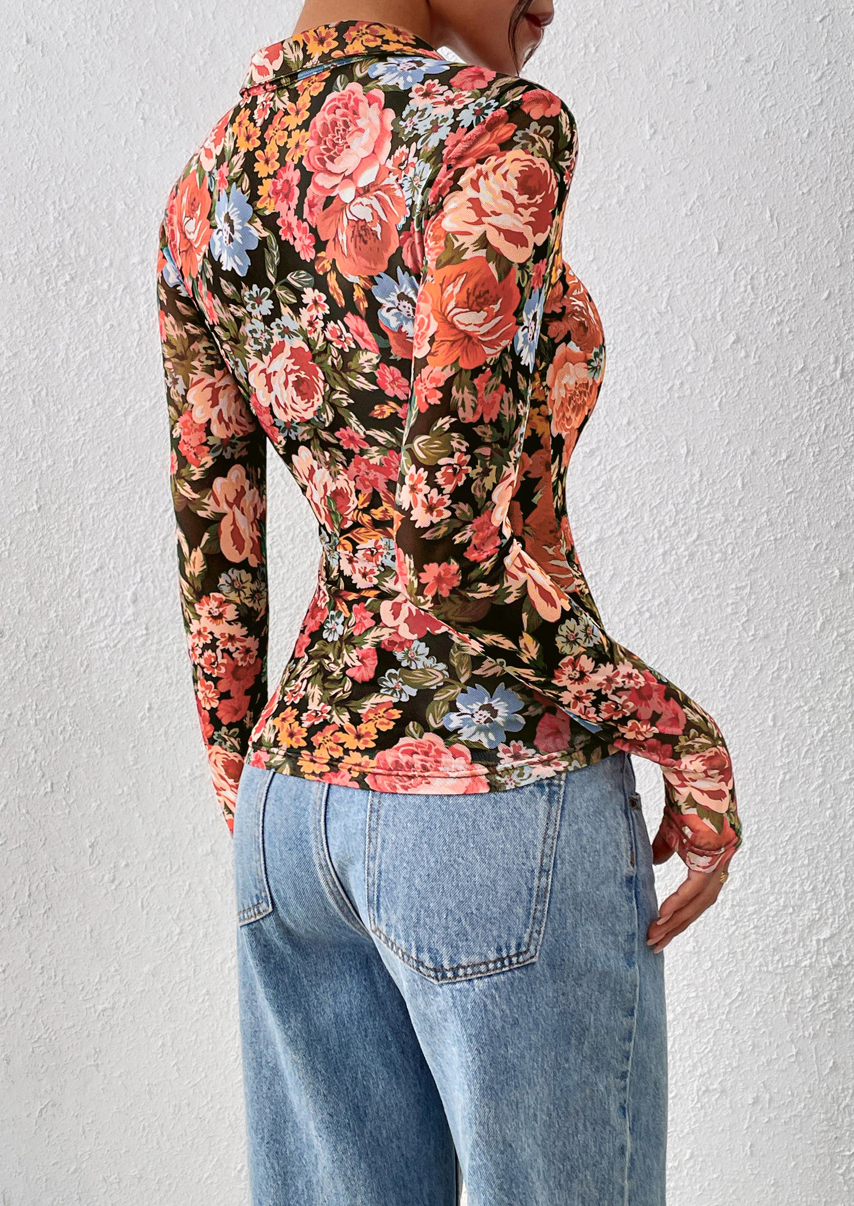 PRETTYGARDEN Women Button Down Floral Shirts Fall Trendy Long Sleeve V Neck Ruched Fitted Mesh Blouse Tops Date Outfits