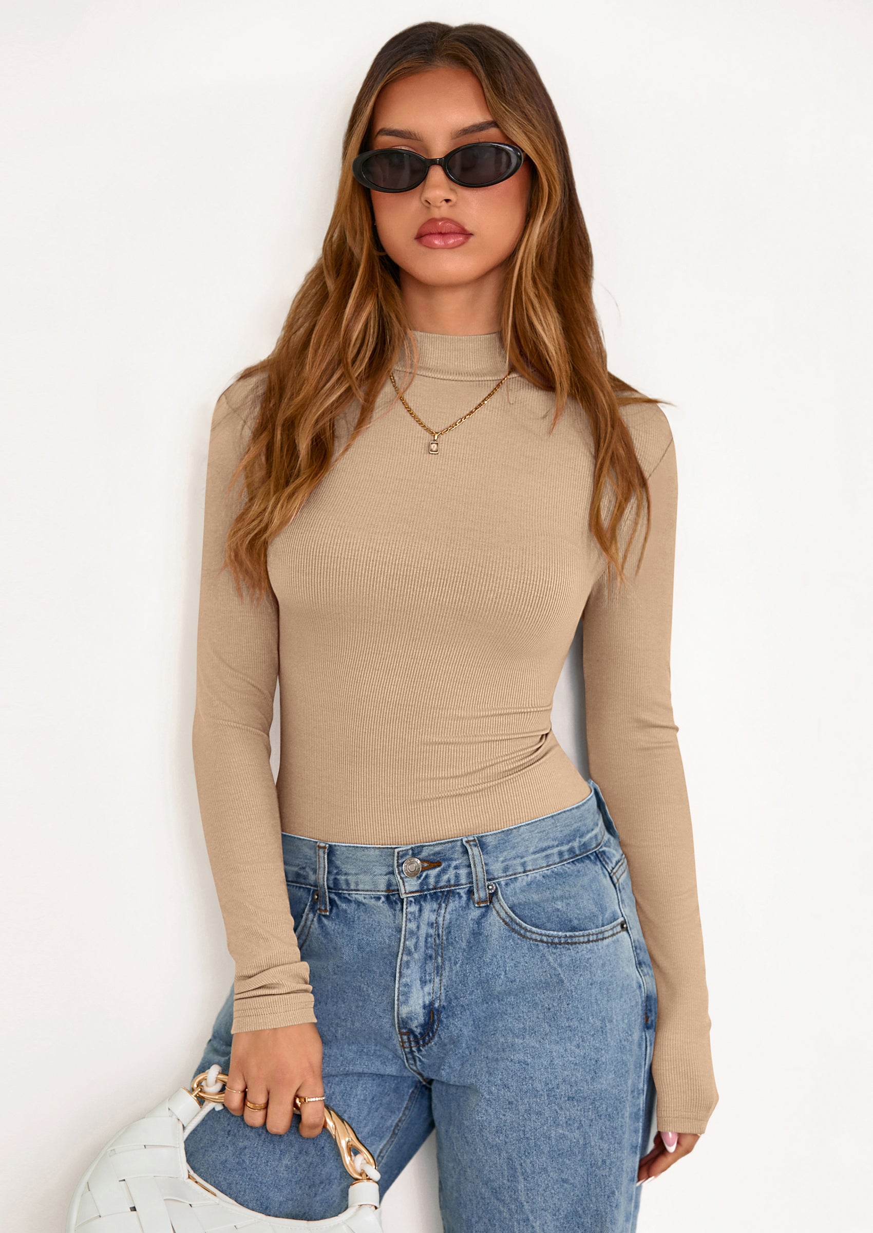 PRETTYGARDEN Women's Turtleneck Long Sleeve Shirts Fall Basic Tees Ribbed Fitted Tops Thermal Layering Knit Top Clothes