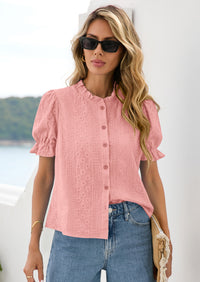 PRETTYGARDEN Womens Puff Short Sleeve Tops Summer Spring Button Down Boho Embroidered Cute Blouse Dressy Casual Shirts