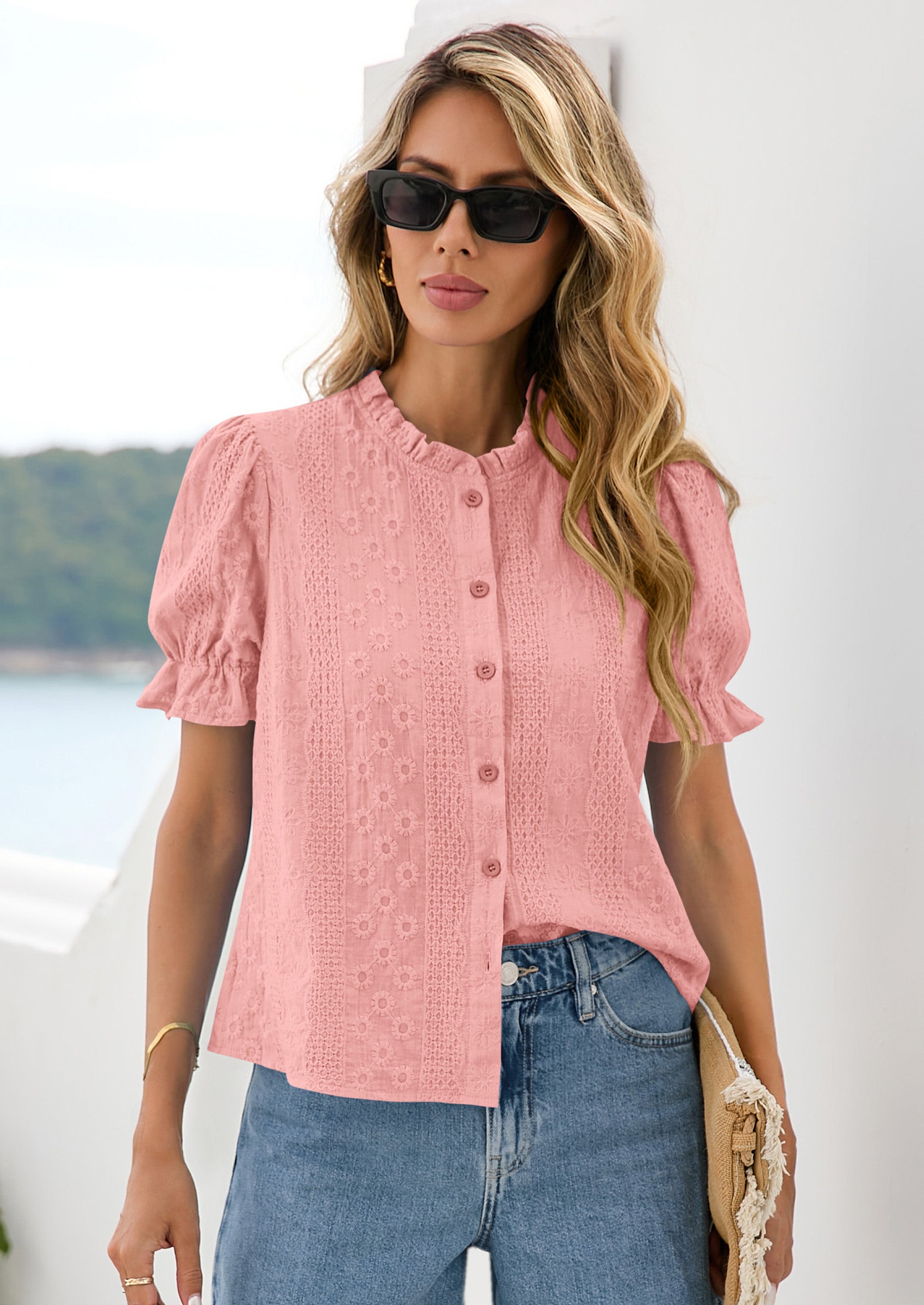 PRETTYGARDEN Womens Puff Short Sleeve Tops Summer Spring Button Down Boho Embroidered Cute Blouse Dressy Casual Shirts