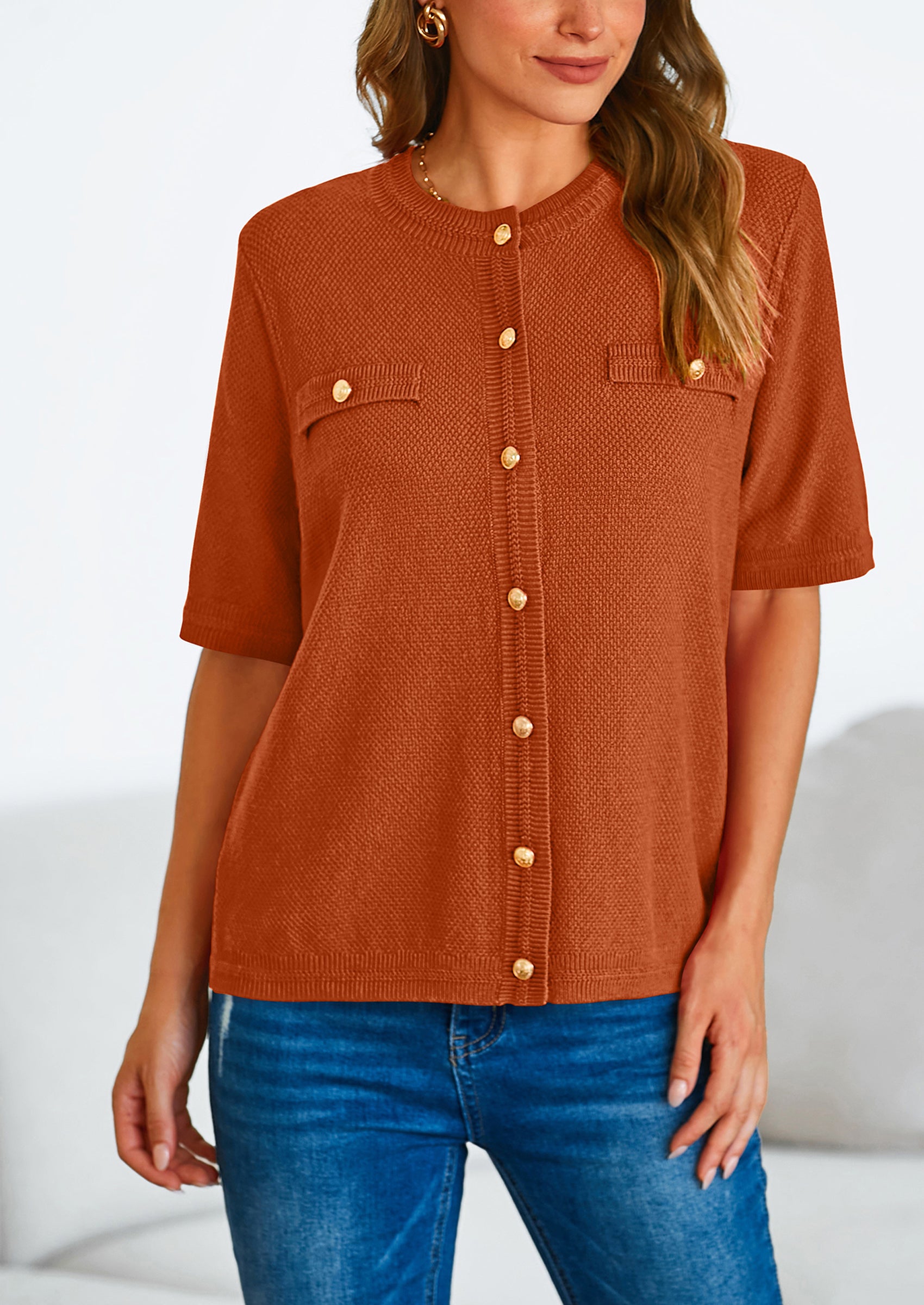 PRETTYGARDEN Women's Summer Button Down Shirts Casual Short Sleeve Crew Neck Ribbed Knit Blouse Top Cardigans