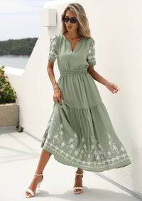 PRETTYGARDEN Women's Summer Boho Maxi Dress Spring Floral Short Sleeve V Neck A Line Flowy Beach Wedding Guest Dresses PRETTYGARDEN
