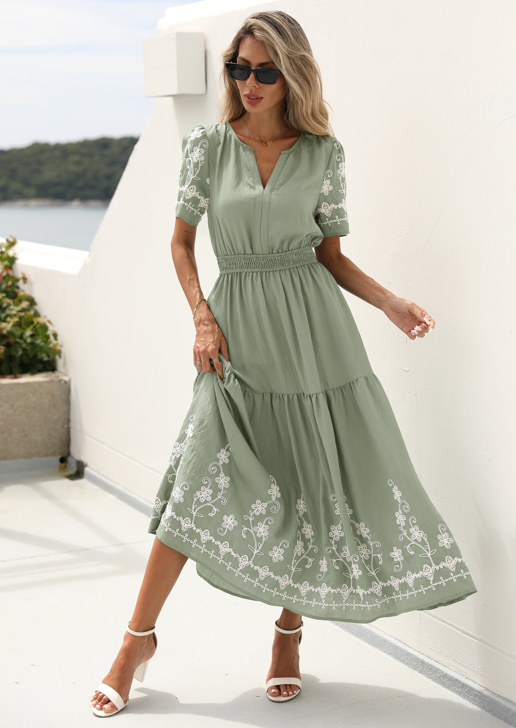 PRETTYGARDEN Women's Summer Boho Maxi Dress Spring Floral Short Sleeve V Neck A Line Flowy Beach Wedding Guest Dresses PRETTYGARDEN