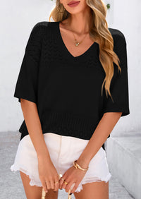 PRETTYGARDEN Women's Short Sleeve Sweater Tops Spring Summer Casual V Neck Ribbed Knit Trendy Eyelet Blouse T Shirts