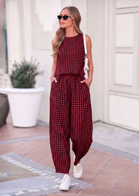 PRETTYGARDEN Womens 2 Piece Sets Summer Plaid Sleeveless Tops Wide Leg Pants Matching Lounge Set Beach Vacation Outfits