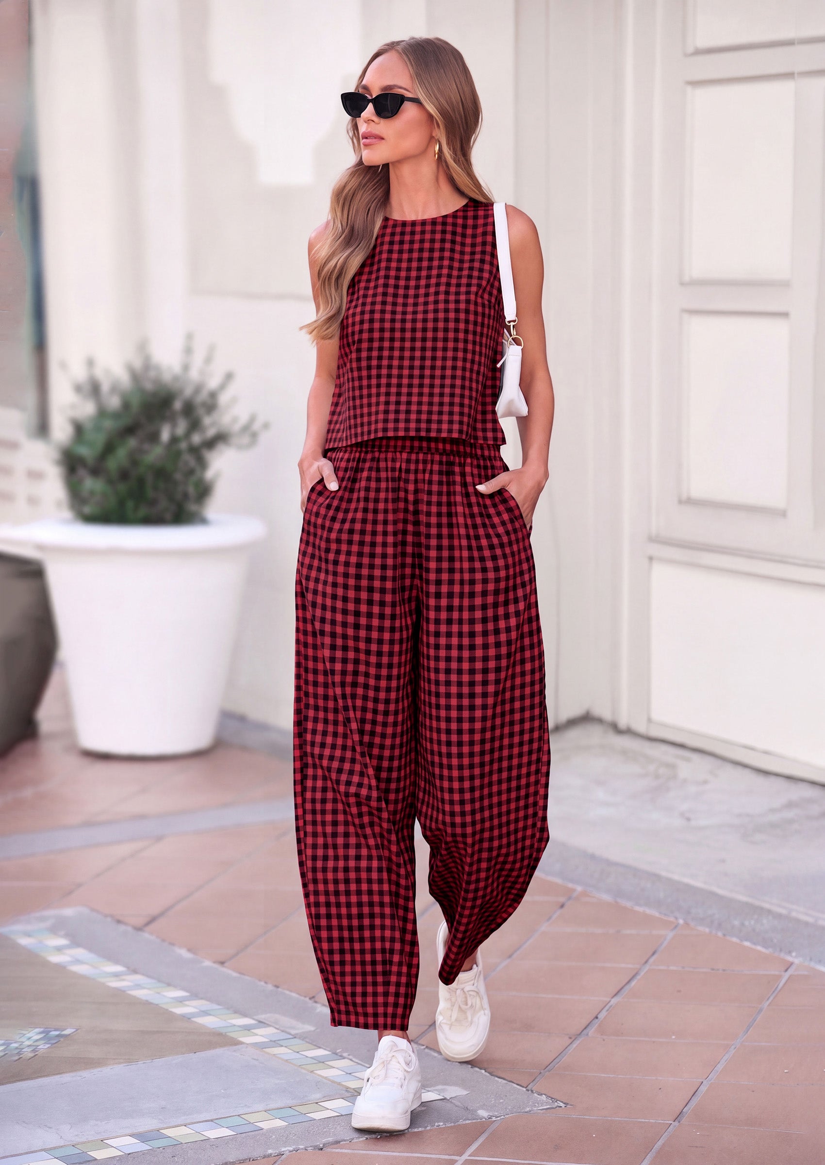 PRETTYGARDEN Womens 2 Piece Sets Summer Plaid Sleeveless Tops Wide Leg Pants Matching Lounge Set Beach Vacation Outfits