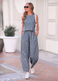 PRETTYGARDEN Womens 2 Piece Sets Summer Plaid Sleeveless Tops Wide Leg Pants Matching Lounge Set Beach Vacation Outfits