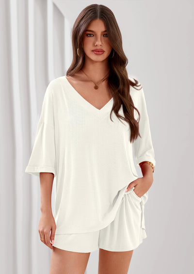 PRETTYGARDEN Womens 2 Piece Sets Oversized Vneck Half Sleeve Tops Shorts Lounge Set Casual Summer Travel Beach Outfits PRETTYGARDEN