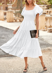 PRETTYGARDEN Women's Summer Casual Midi Dress Puffy Short Sleeve Square Neck Smocked Tiered Ruffle Dresses