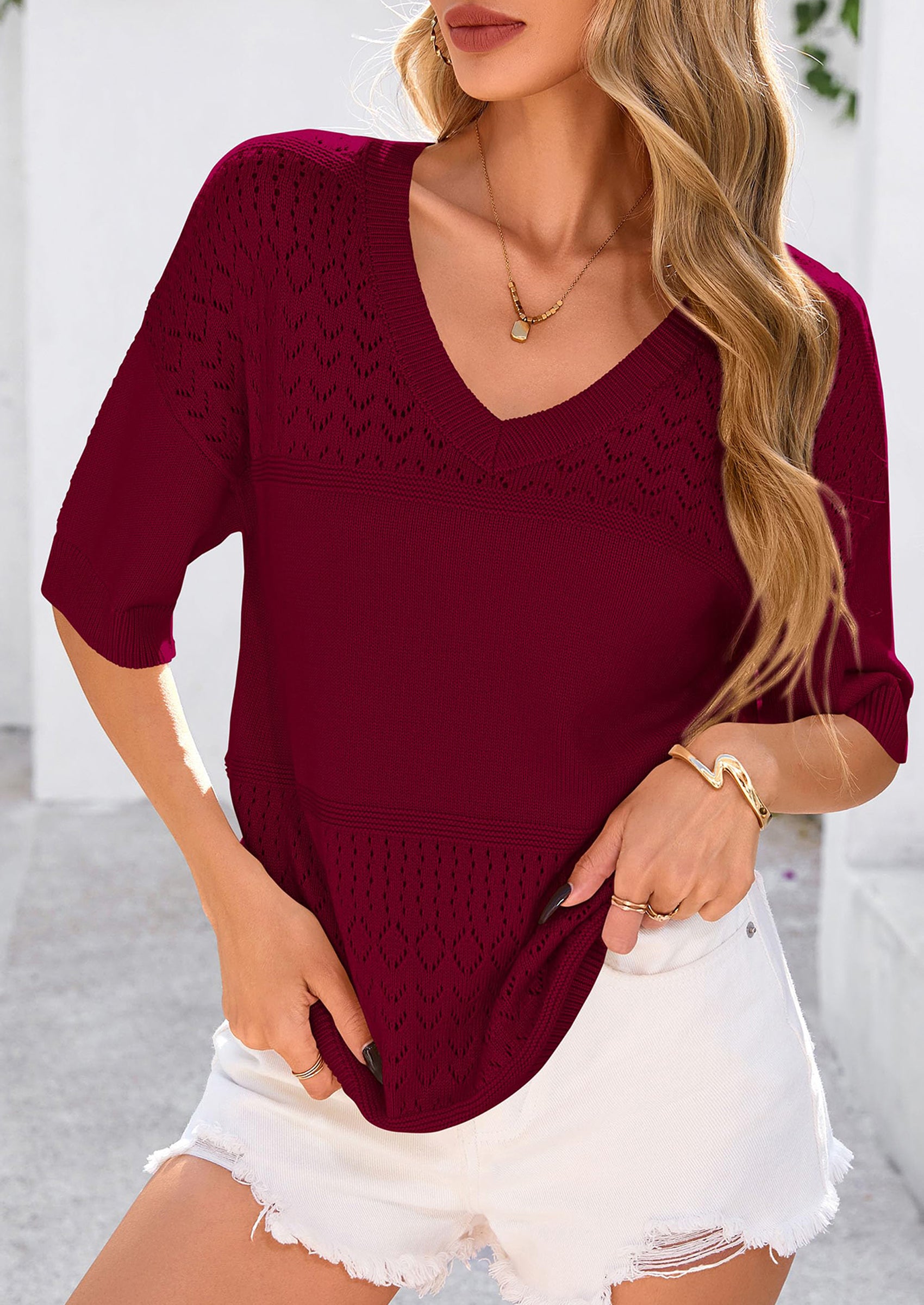 PRETTYGARDEN Women's Short Sleeve Sweater Tops Spring Summer Casual V Neck Ribbed Knit Trendy Eyelet Blouse T Shirts