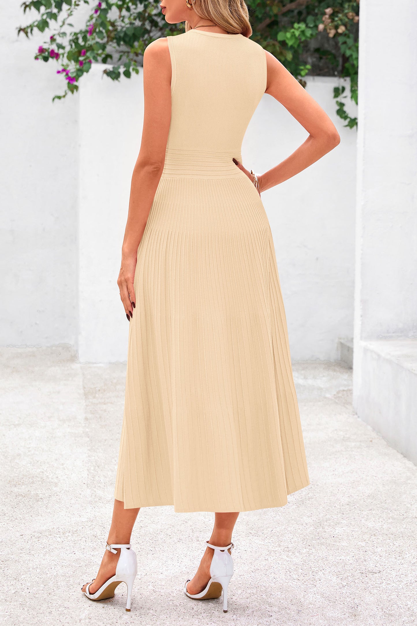 Women's Summer Midi Dresses 2025 Sleeveless Crewneck Knit A Line Pleated Swing Wedding Guest Casual Tank Dress