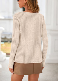 PRETTYGARDEN Women's Long Sleeve Shirts Fall Fashion Clothes Casual Ribbed V Neck Loose Tunic Tops Lightweight Sweaters