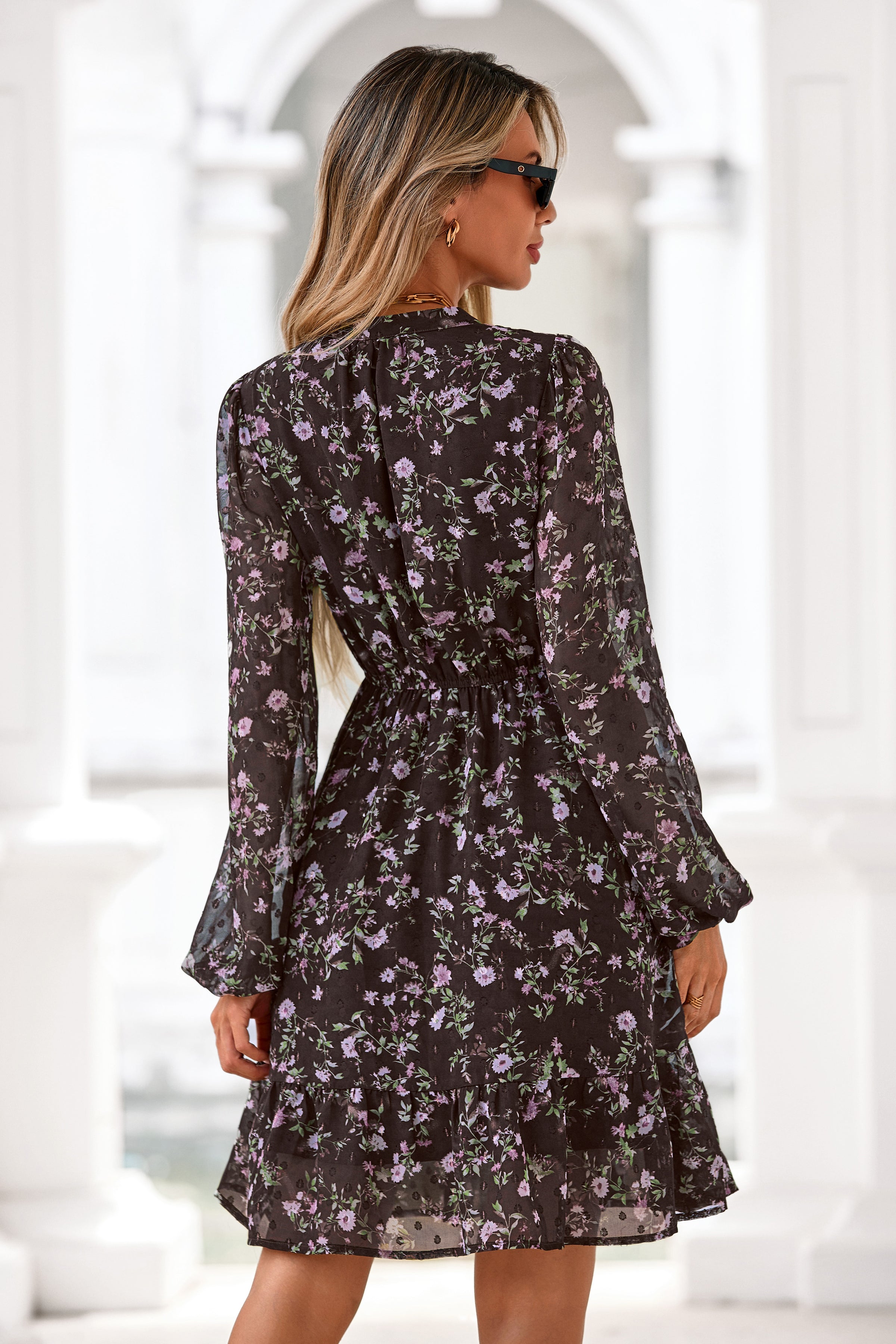 PRETTYGARDEN Women's Fall Boho Dresses Floral Long Sleeve V Neck Mini Flowy Wedding Guest Dress Trendy Vacation Outfits