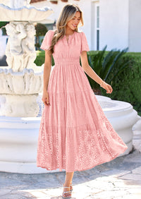 PRETTYGARDEN Womens Boho Maxi Dress Floral Summer Spring Short Sleeve V Neck A Line Embroidered Beach Vacation Dresses
