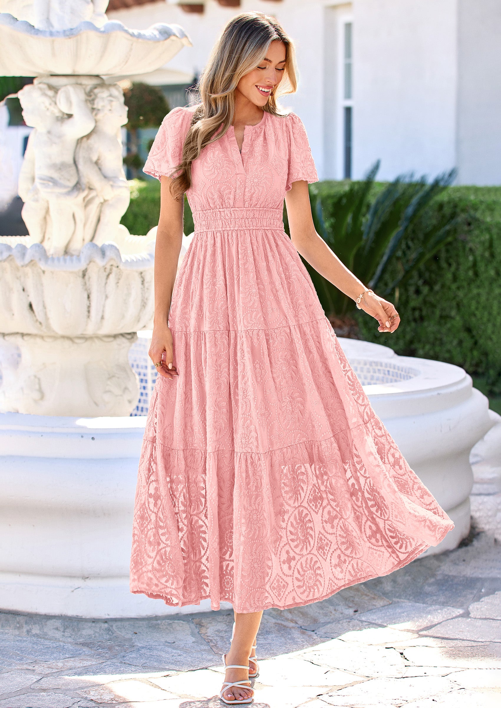 PRETTYGARDEN Womens Boho Maxi Dress Floral Summer Spring Short Sleeve V Neck A Line Embroidered Beach Vacation Dresses
