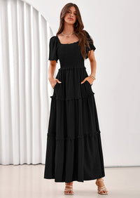 PRETTYGARDEN Summer Dresses for Women Boho Swiss Dot Smocked Square Neck Short Sleeve Spring Wedding Guest Maxi Dress PRETTYGARDEN