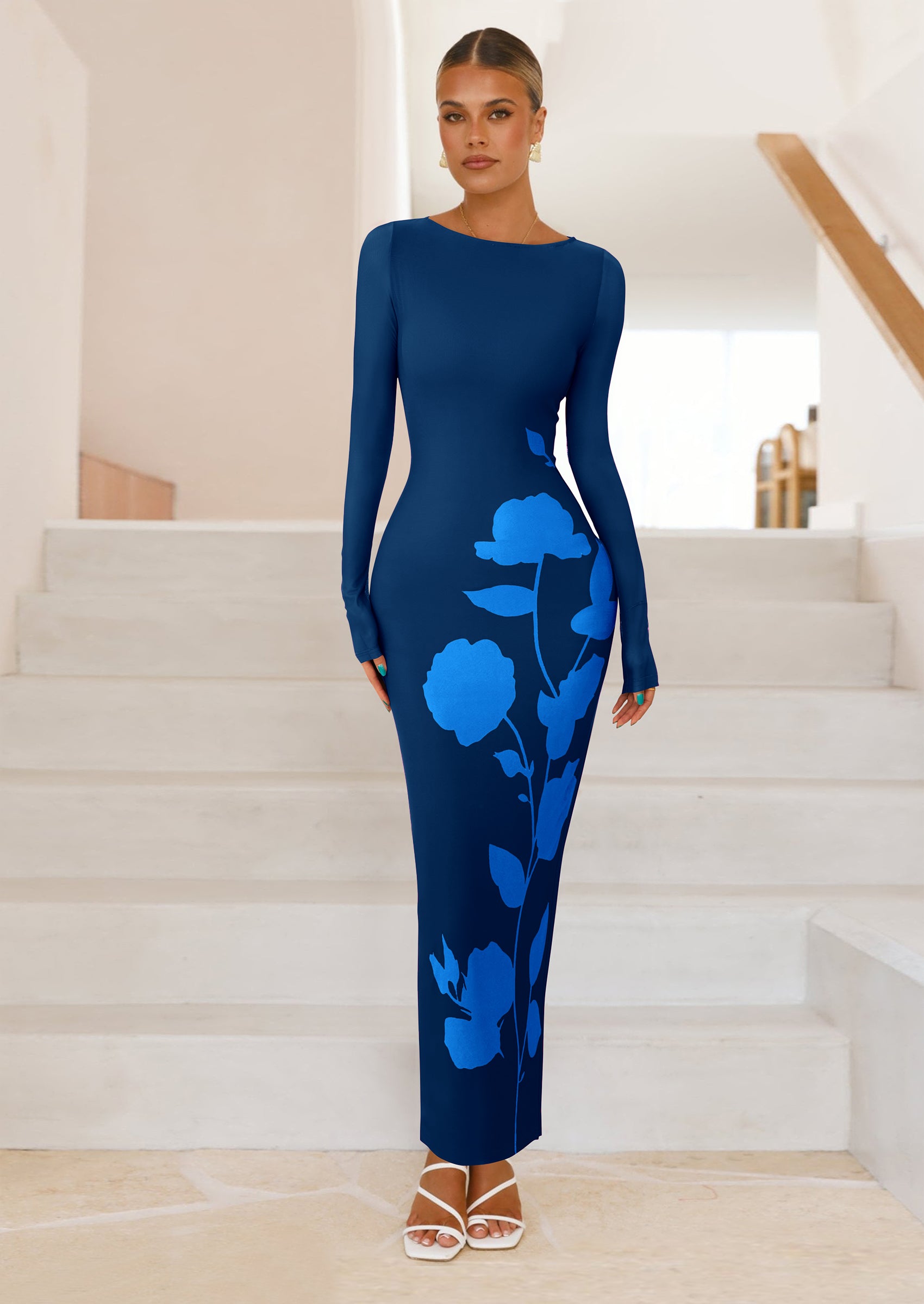 PRETTYGARDEN Bodycon Maxi Dress Fall Floral Long Sleeve Sexy Mesh Cocktail Wedding Guest Long Dresses