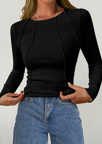 KIRUNDO Ribbed Long Sleeve Tops for Women Stretch Slim Basic Crop Tee Exposed Seams Spring Fall Fashion Trendy Tshirt