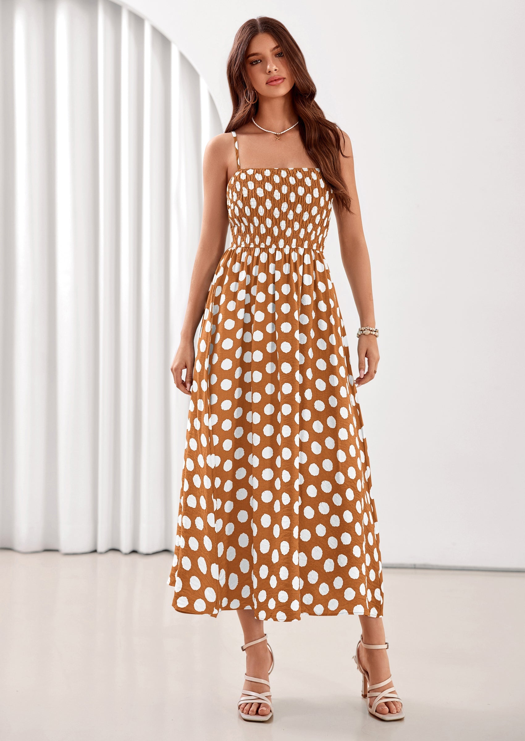 PRETTYGARDEN Womens Summer Dresses Spring Sleeveless Spaghetti Straps Casual Midi Dress Polka Dot Smocked Beach Sundress PRETTYGARDEN