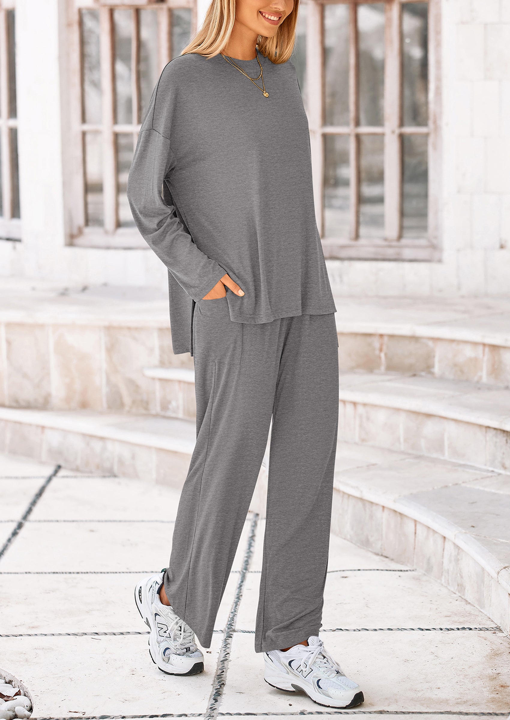 PRETTYGARDEN Women's Two Piece Lounge Sets Matching Long Sleeve Shirts Wide Leg Pants Tracksuits Travel Outfits Fall Clothes