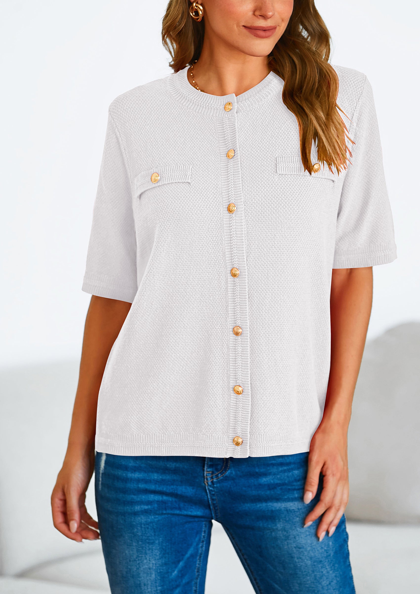 PRETTYGARDEN Women's Summer Button Down Shirts Casual Short Sleeve Crew Neck Ribbed Knit Blouse Top Cardigans