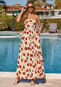 PRETTYGARDEN Womens Boho Maxi Dress Summer Floral Tube Strapless Spring Wedding Guest Cocktail Long Dresses