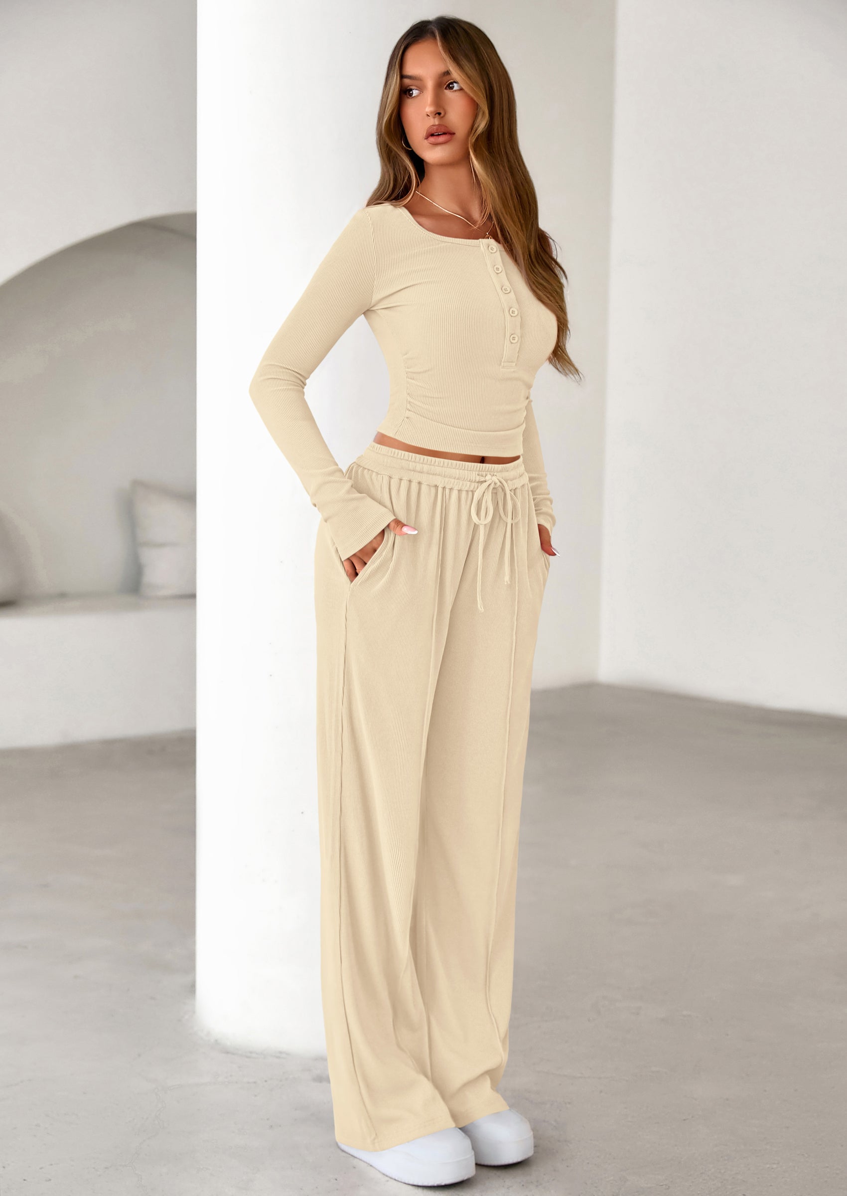 PRETTYGARDEN Women's Fall Trendy 2 Piece Outfits Lounge Sets Long Sleeve Top Henley Shirts Wide Leg Pants Travel Clothes