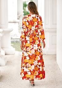 PRETTYGARDEN Women's Fall Boho Maxi Dress Floral Long Sleeve V Neck Flowy Belted Elegant Holiday Party Dresses