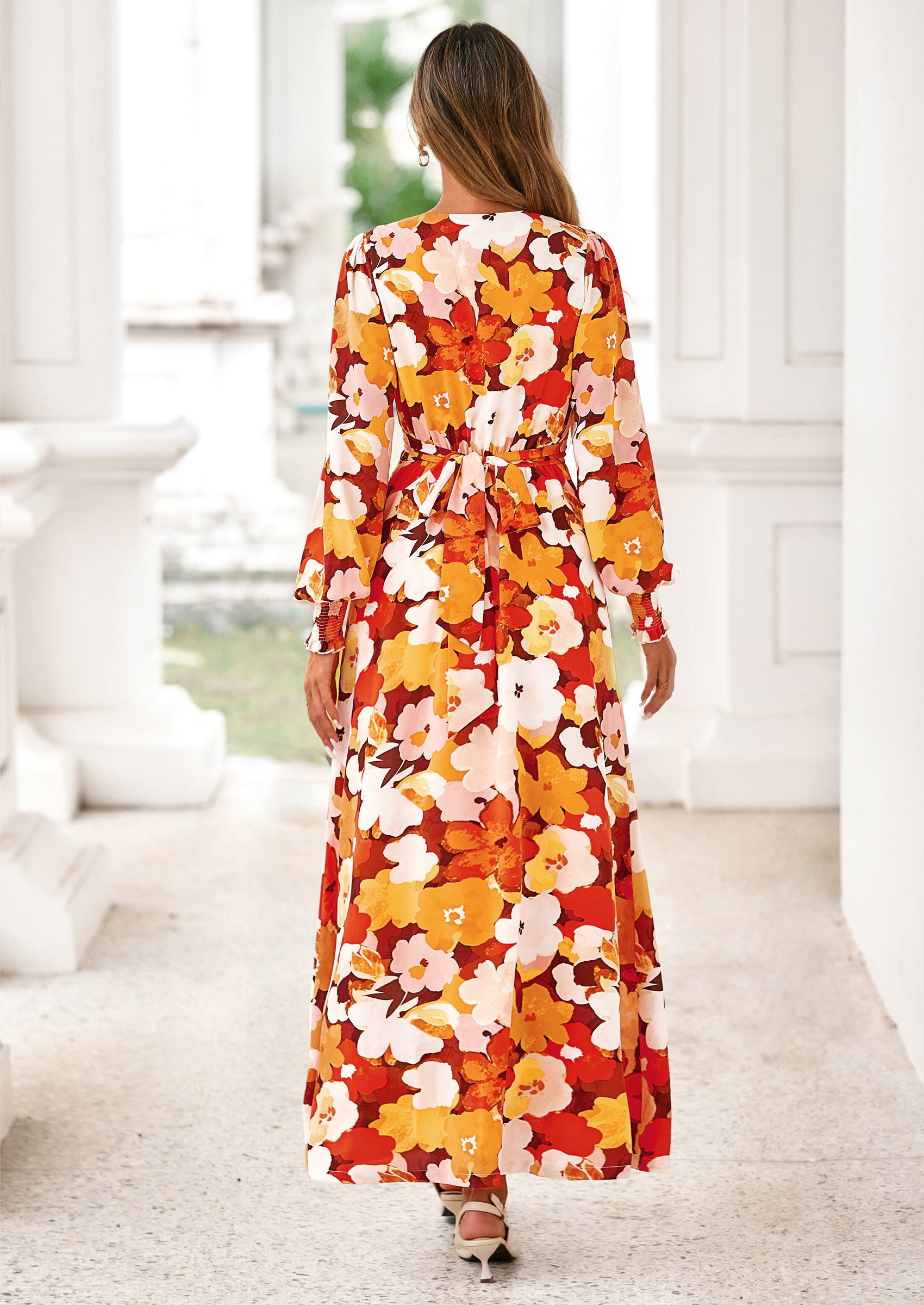 PRETTYGARDEN Women's Fall Boho Maxi Dress Floral Long Sleeve V Neck Flowy Belted Elegant Holiday Party Dresses