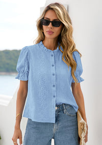 PRETTYGARDEN Womens Puff Short Sleeve Tops Summer Spring Button Down Boho Embroidered Cute Blouse Dressy Casual Shirts