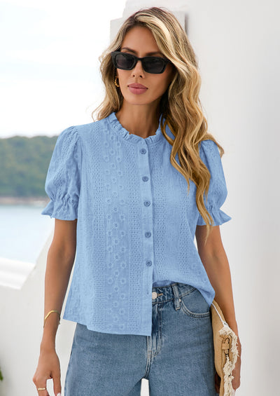 PRETTYGARDEN Womens Puff Short Sleeve Tops Summer Spring Button Down Boho Embroidered Cute Blouse Dressy Casual Shirts