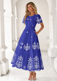 PRETTYGARDEN Boho Dresses for Women Summer Spring Casual Floral Short Sleeve V Neck Maxi Elastic Waist Dress Pockets PRETTYGARDEN