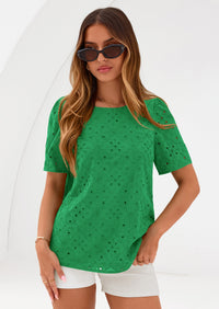 PRETTYGARDEN Women's Puff Short Sleeve Eyelet Shirts Summer Lace Blouses Dressy Casual Work Tops Spring Teacher Clothes PRETTYGARDEN