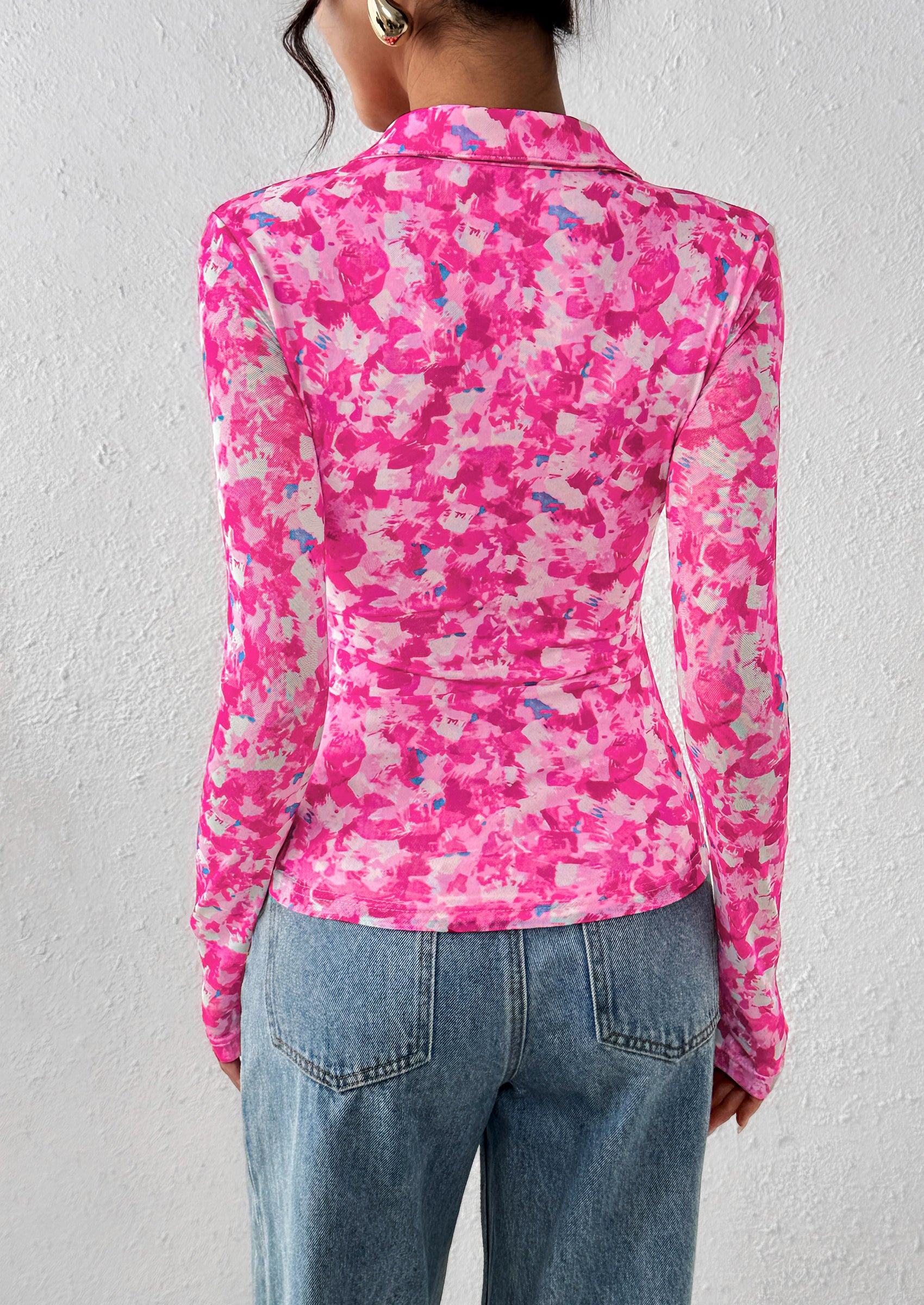 PRETTYGARDEN Women Button Down Floral Shirts Fall Trendy Long Sleeve V Neck Ruched Fitted Mesh Blouse Tops Date Outfits