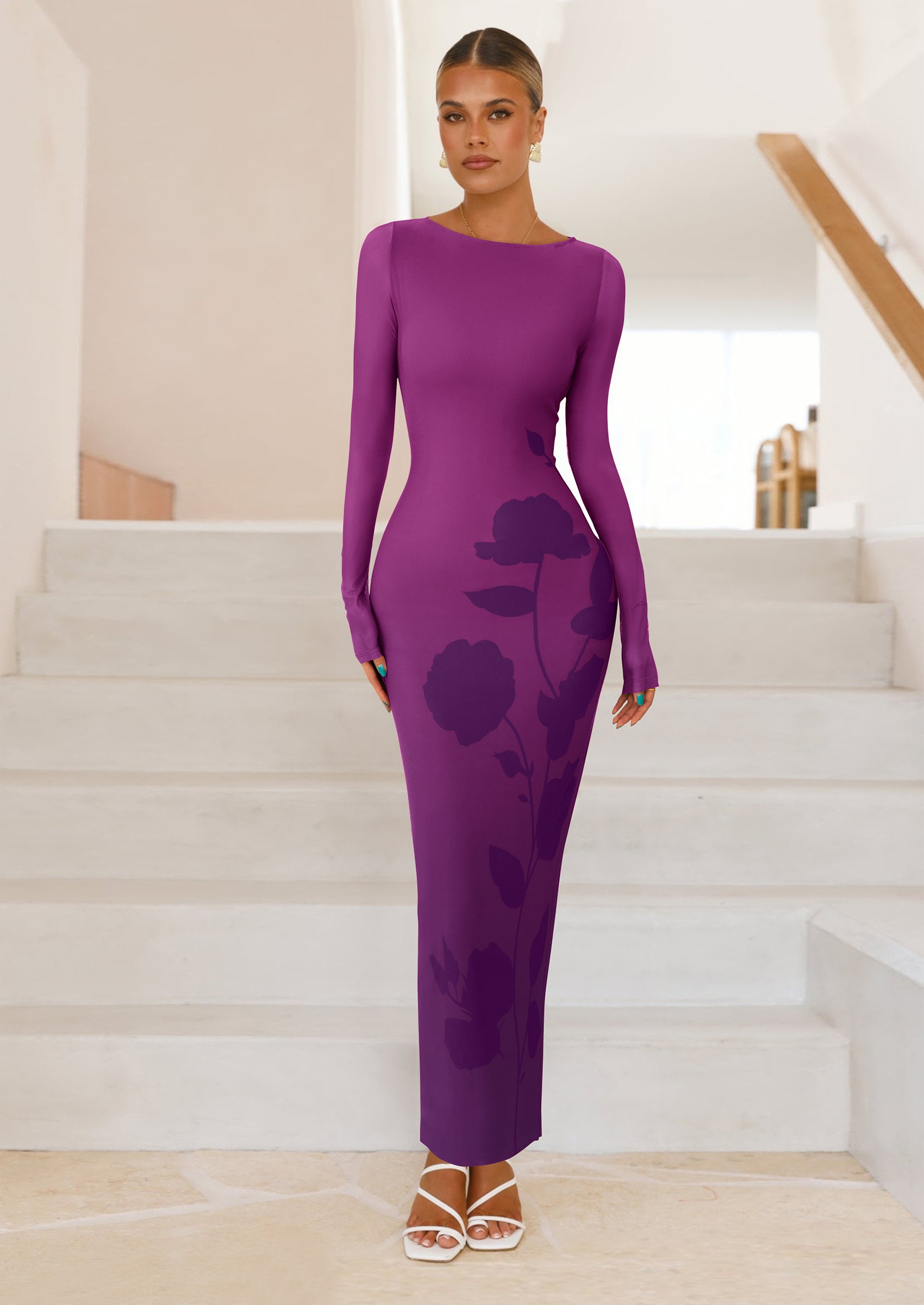 PRETTYGARDEN Bodycon Maxi Dress Fall Floral Long Sleeve Sexy Mesh Cocktail Wedding Guest Long Dresses