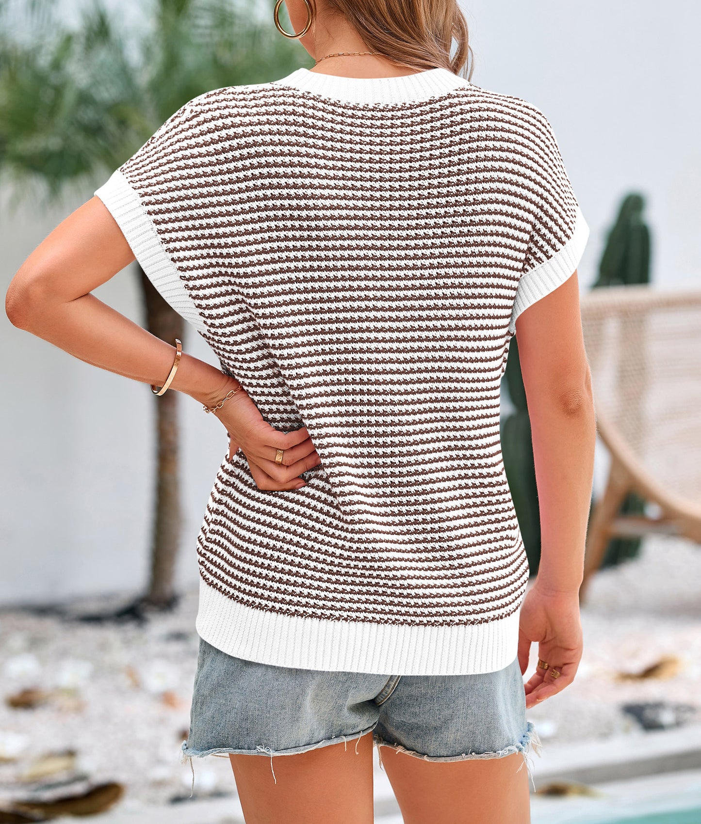 Womens Short Sleeve Sweater Spring Summer 2025 Round Neck Striped Pullover Cap Sleeve Knit Sweater Vest Tops